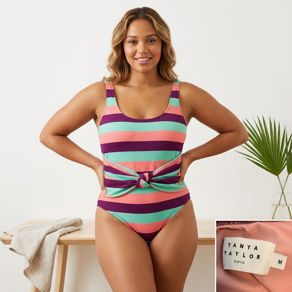 Tanya Taylor One Piece Swimsuit Womens M Multicolor Excellent Striped Knot Front